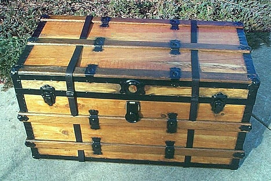 All Wood Large Size Flat Top Antique Steamer Trunk #345