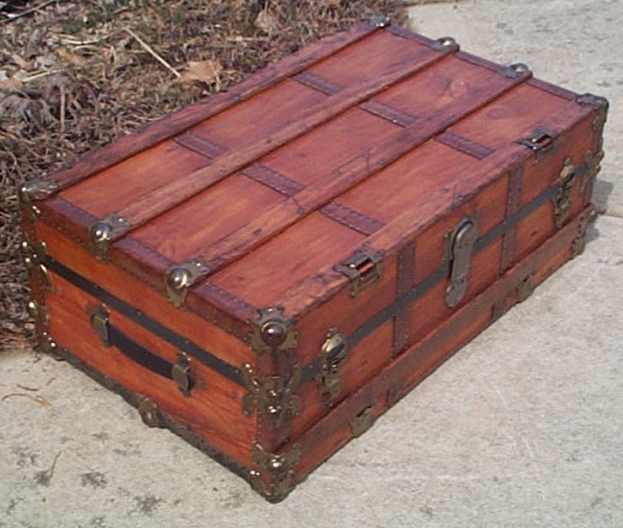Side - All Wood Large Size Flat Top  Low Profile Antique Steamer Trunk #367