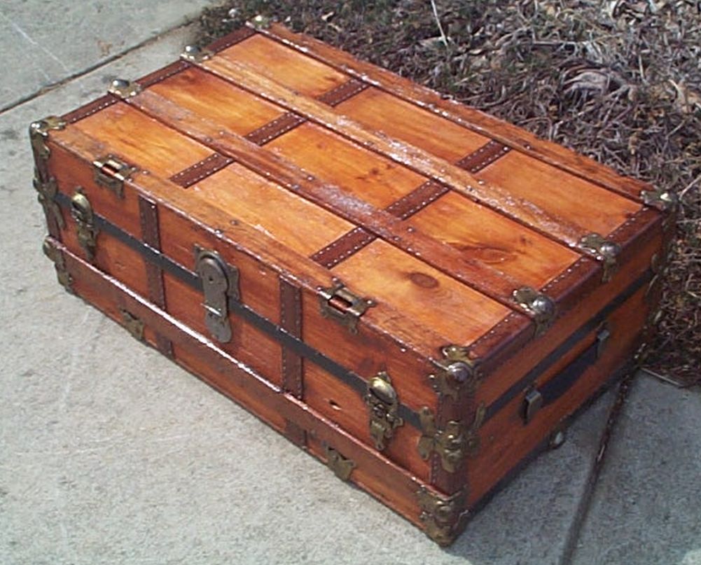 Side View - All Wood Large Size Flat Top Low Profile Antique Steamer Trunk #367