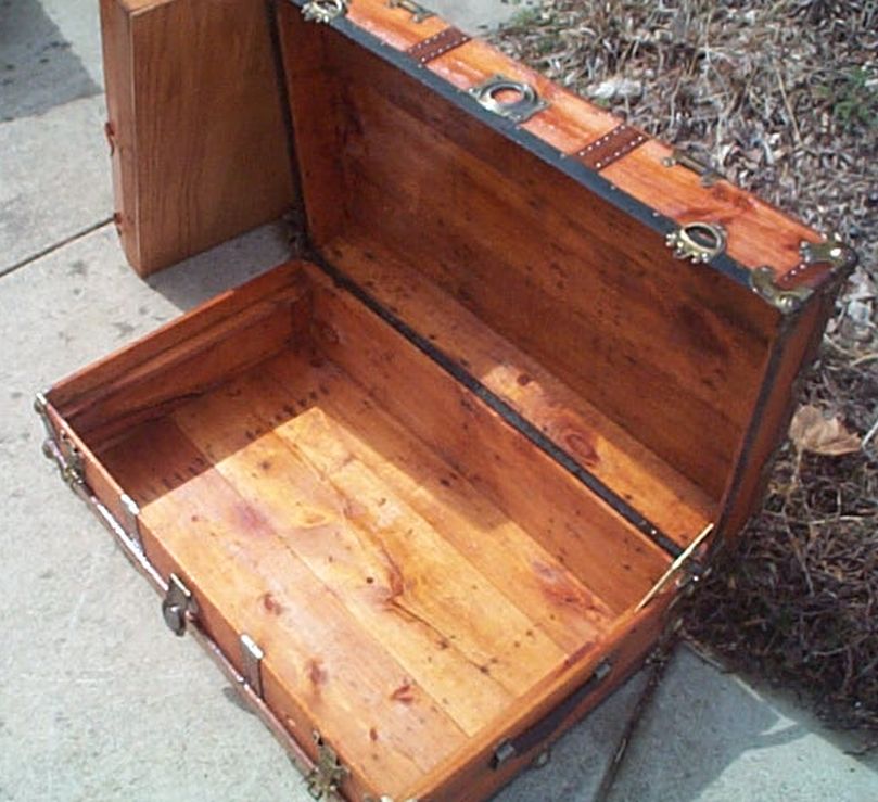 All Wood Large Size Flat Top Low Profile Antique Steamer Trunk #367