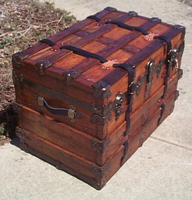 Front - All Wood Large Size Flat Top Antique Steamer Trunk #369
