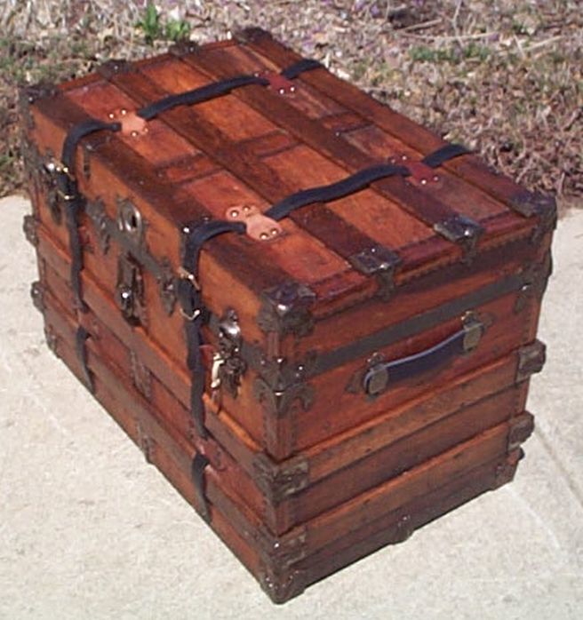 All Wood Large Size Flat Top Antique Steamer Trunk #369