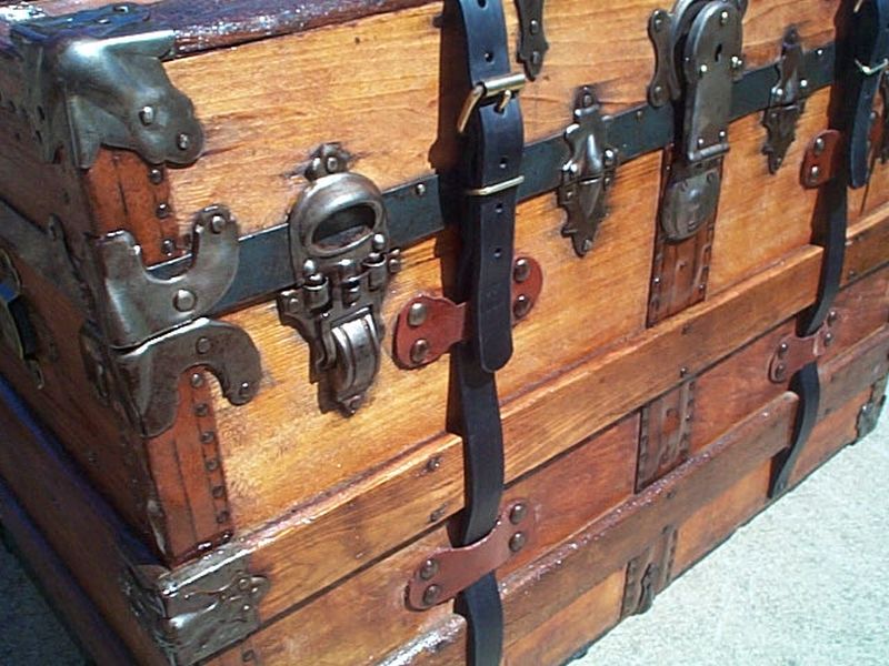 All Wood Large Size Flat Top Antique Steamer Trunk #369