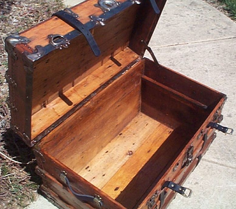 All Wood Large Size Flat Top Antique Steamer Trunk #369