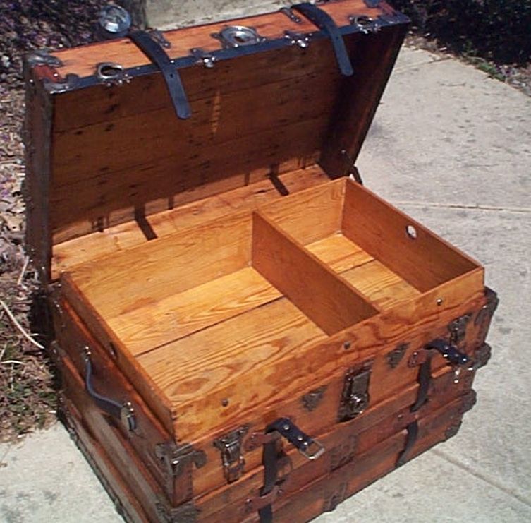 All Wood Large Size Flat Top Antique Steamer Trunk #369