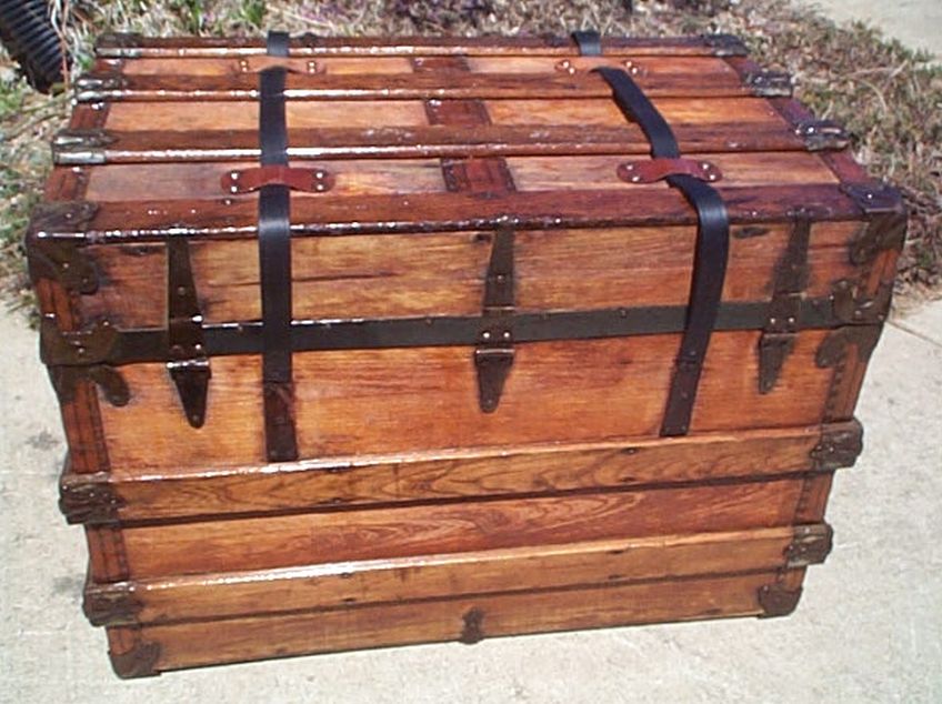All Wood Large Size Flat Top Antique Steamer Trunk #369