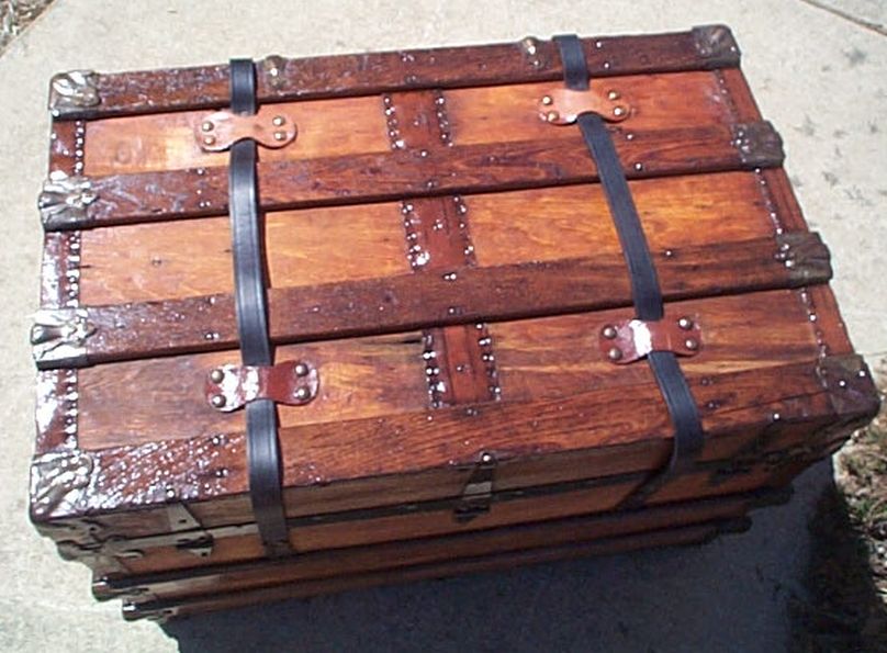 All Wood Large Size Flat Top Antique Steamer Trunk #369