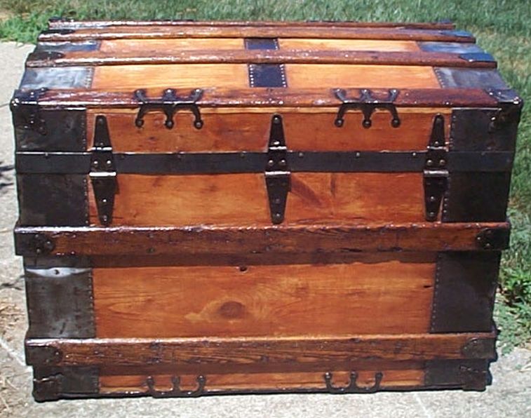 568 Restored Roll Top Antique Steamer Trunk For Sale and Available