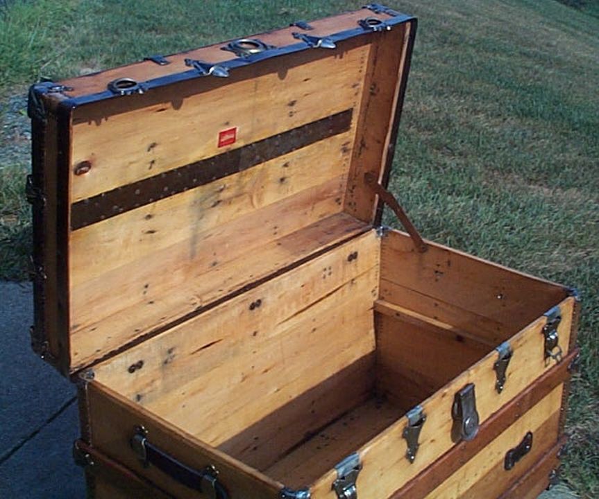 restored all wood flat top antique trunk for sale 585