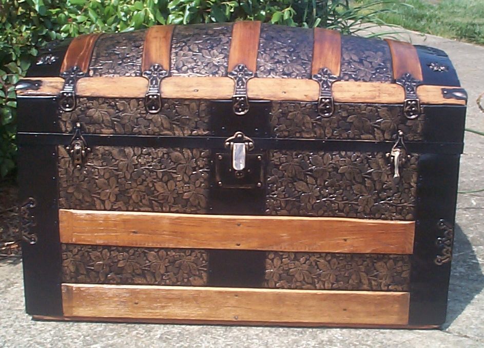 restored all wood roll and metal dome antique trunks for sale 730