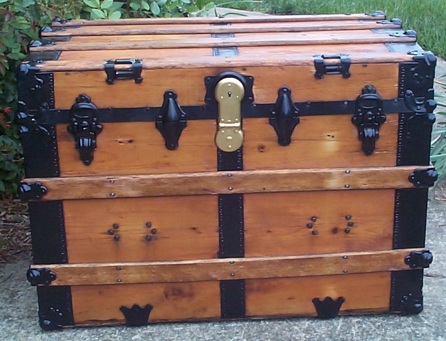 restored all wood large flat top antique trunks for sale 752