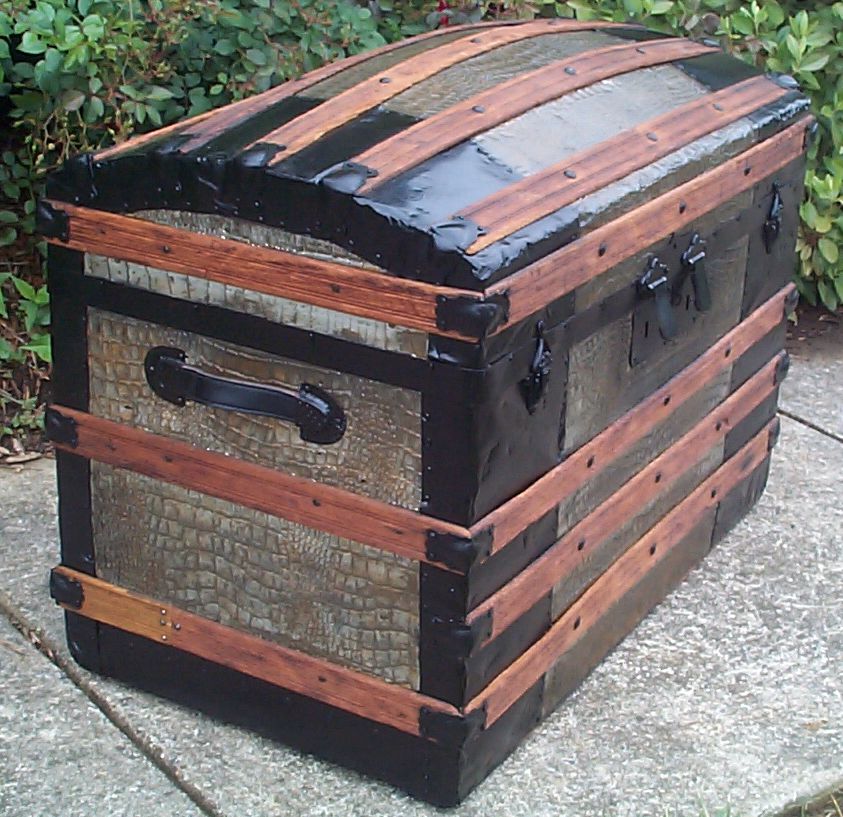restored victorian all wood and metal humpback dome top antique trunks for sale 760