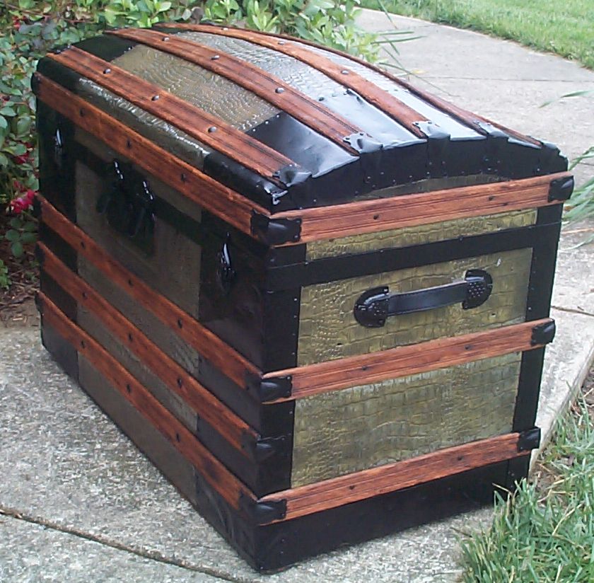 restored victorian all wood and metal humpback dome top antique trunks for sale 760