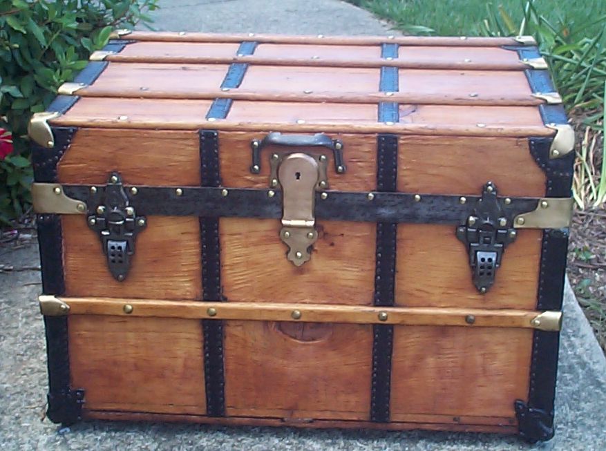 restored all wood flat top antique trunk for sale 773
