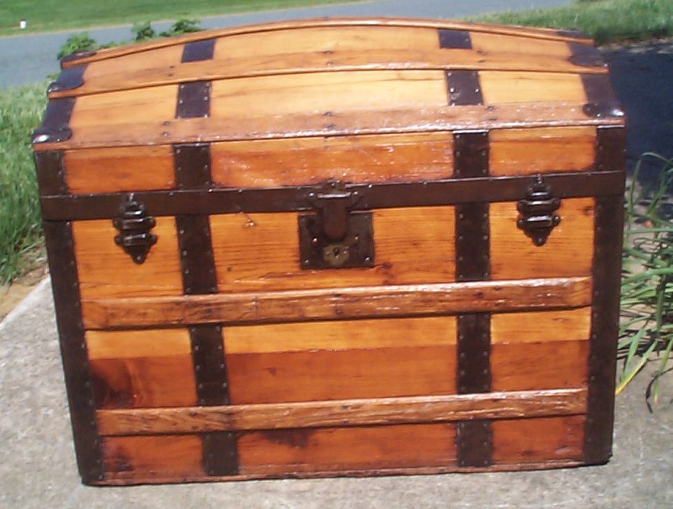 restored all wood humpback dometop antique trunk for sale 809
