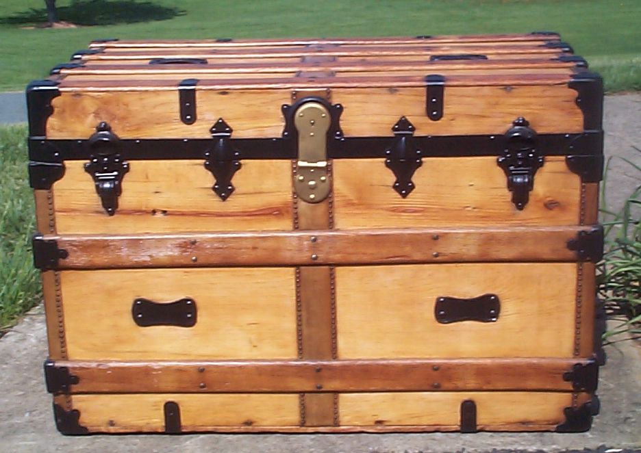 restored all wood flat top antique steamer trunk for sale 812