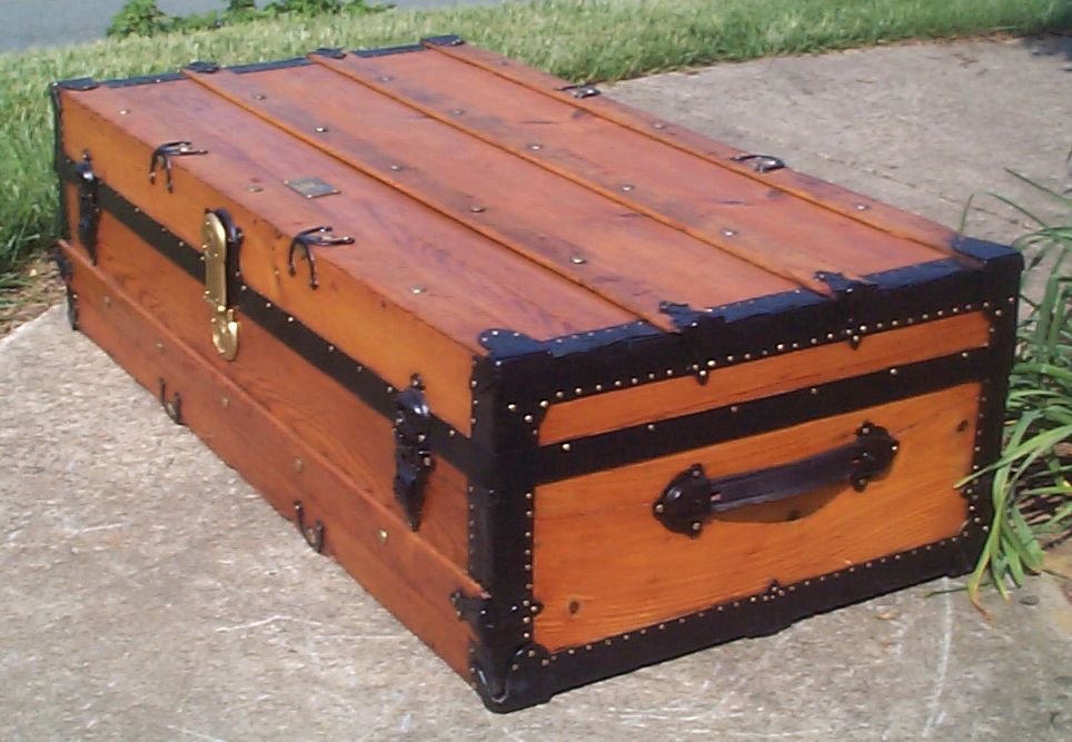 restored wood low profile flat top antique steamer trunk for sale 813