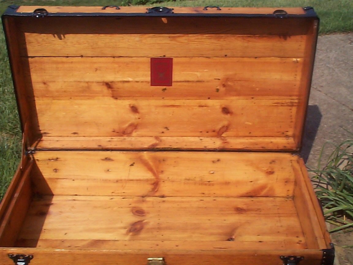 restored all wood low profile flat top antique steamer trunk for sale 813