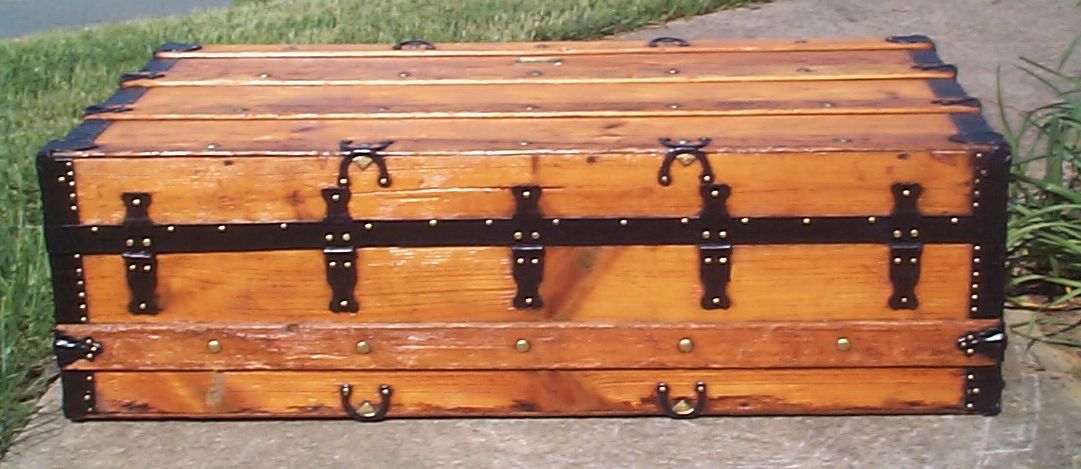 restored all wood low profile flat top antique steamer trunk for sale 813