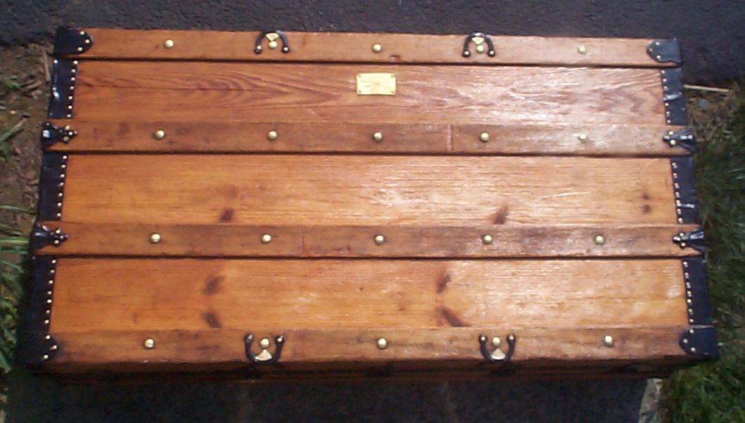 restored wood low profile flat top antique steamer trunk for sale 813