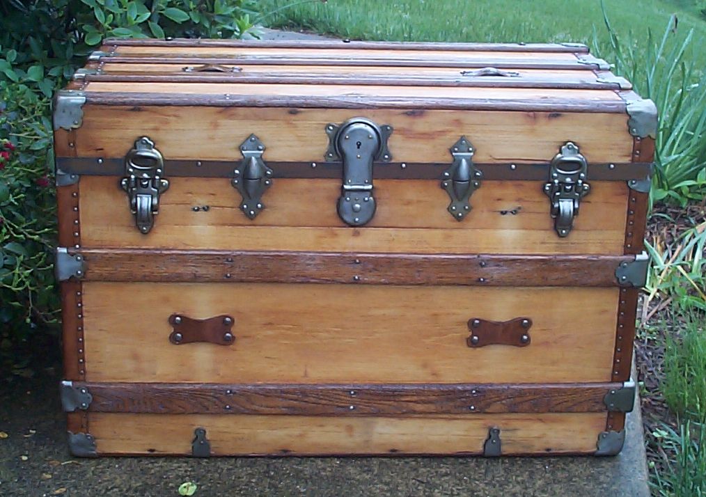 restored all wood flat top antique trunk for sale 820
