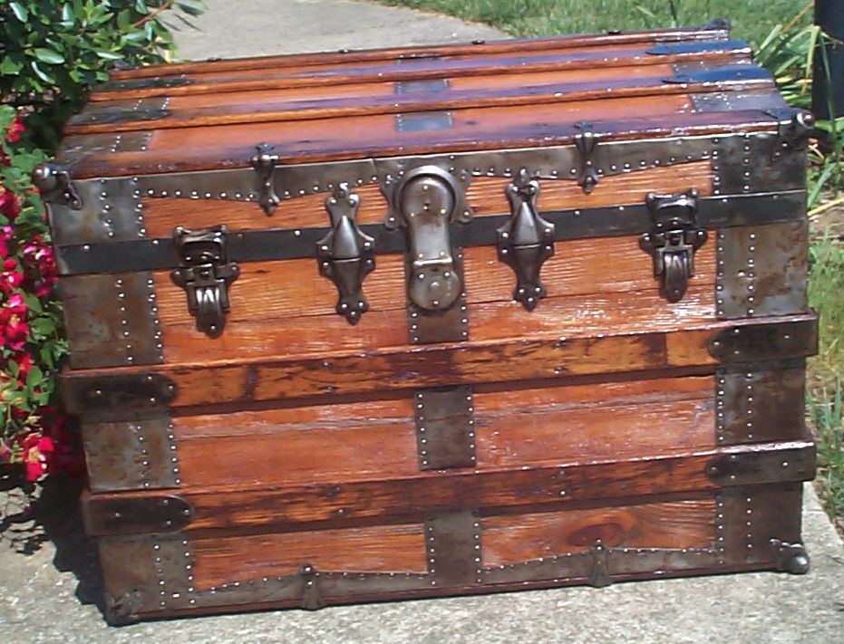 restored all wood flat top antique trunk for sale 833