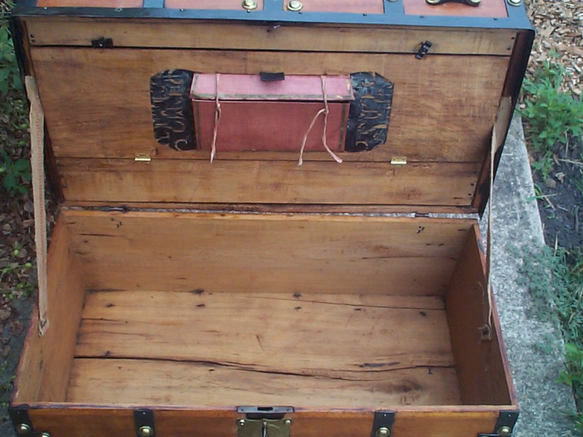 restored wood flat top jenny lind antique trunk 840