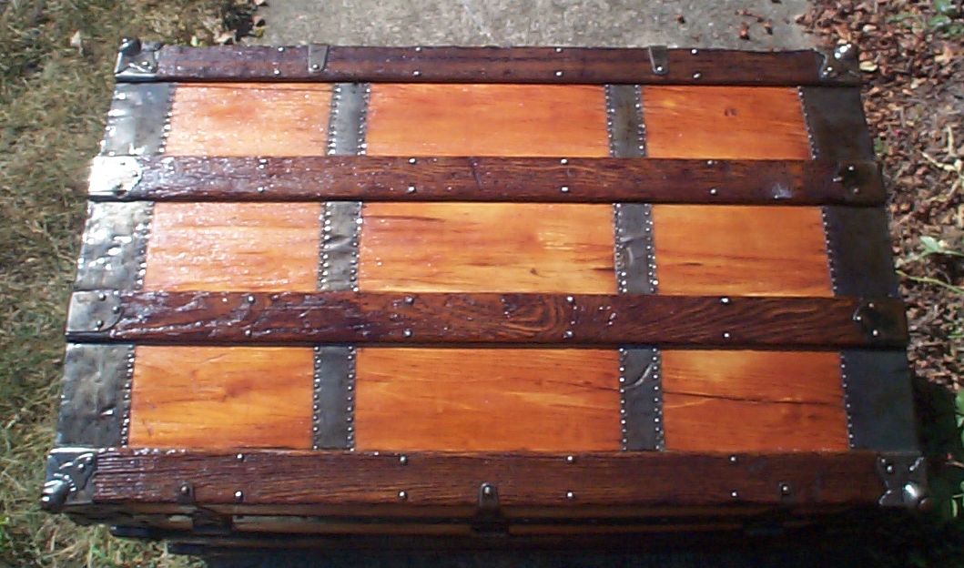 restored wood roll top antique trunk 852