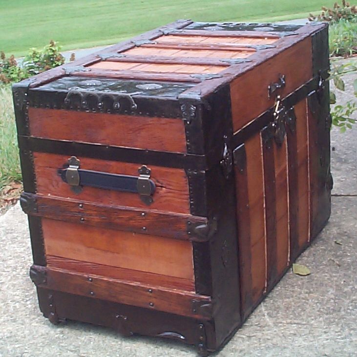 restored wood flat top antique steamer trunk 864