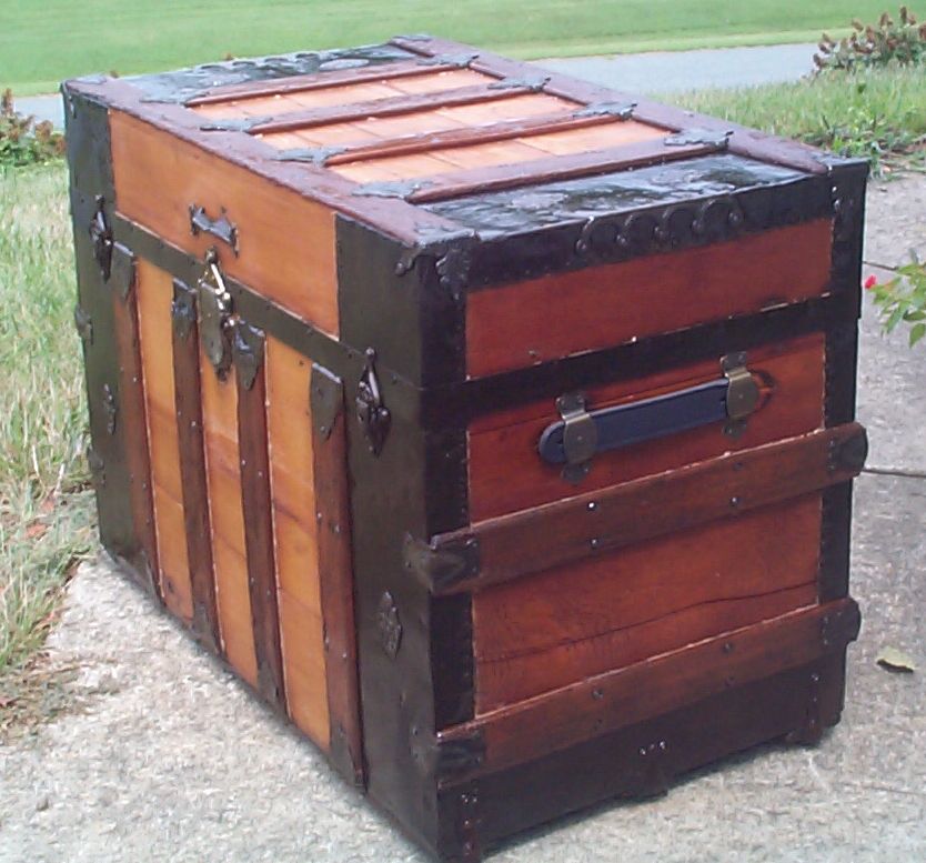 restored wood flat top antique steamer trunk 864
