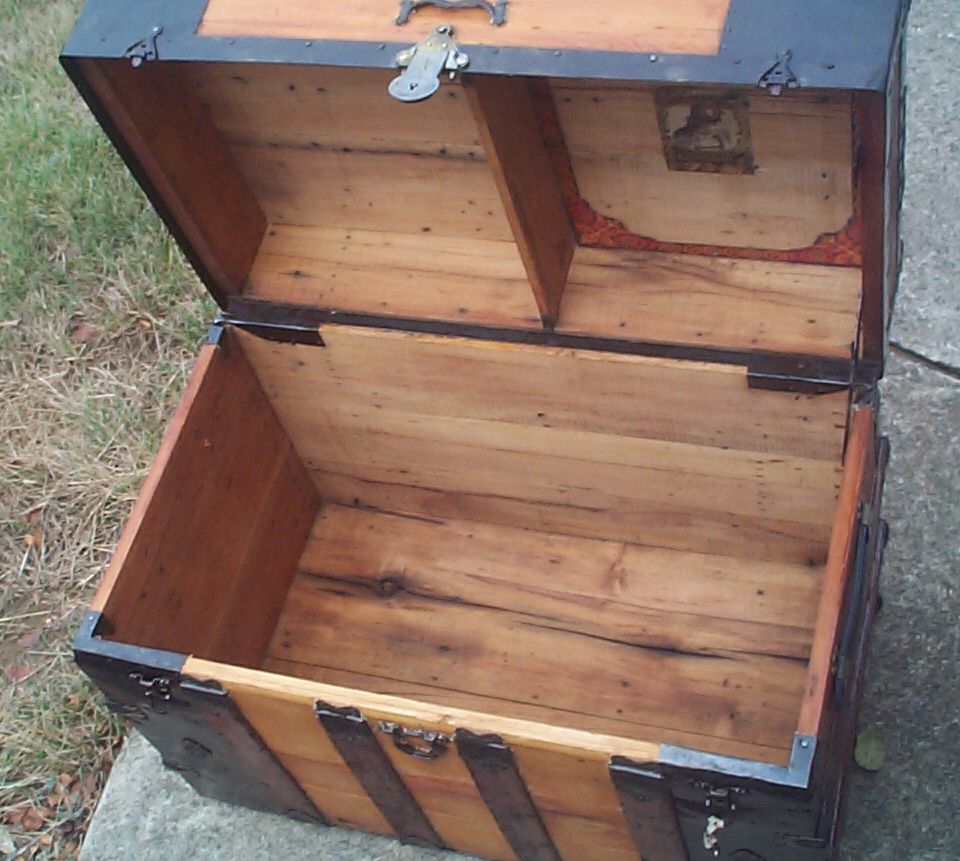 restored wood flat top antique steamer trunk 864