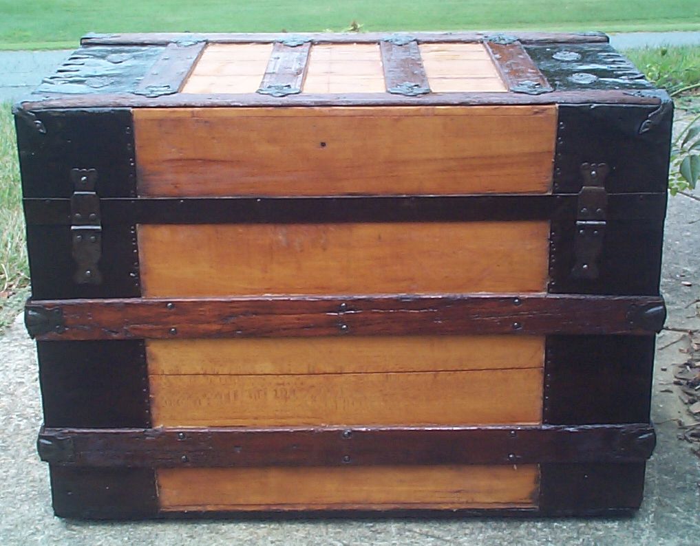 restored wood flat top antique steamer trunk 864