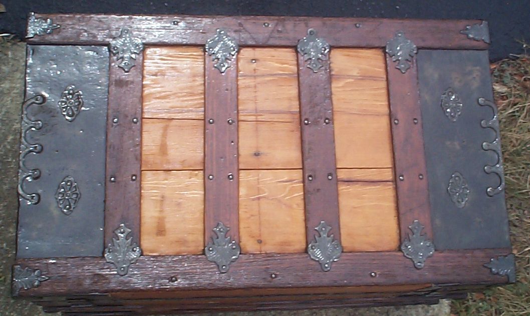 restored wood flat top antique steamer trunk 864