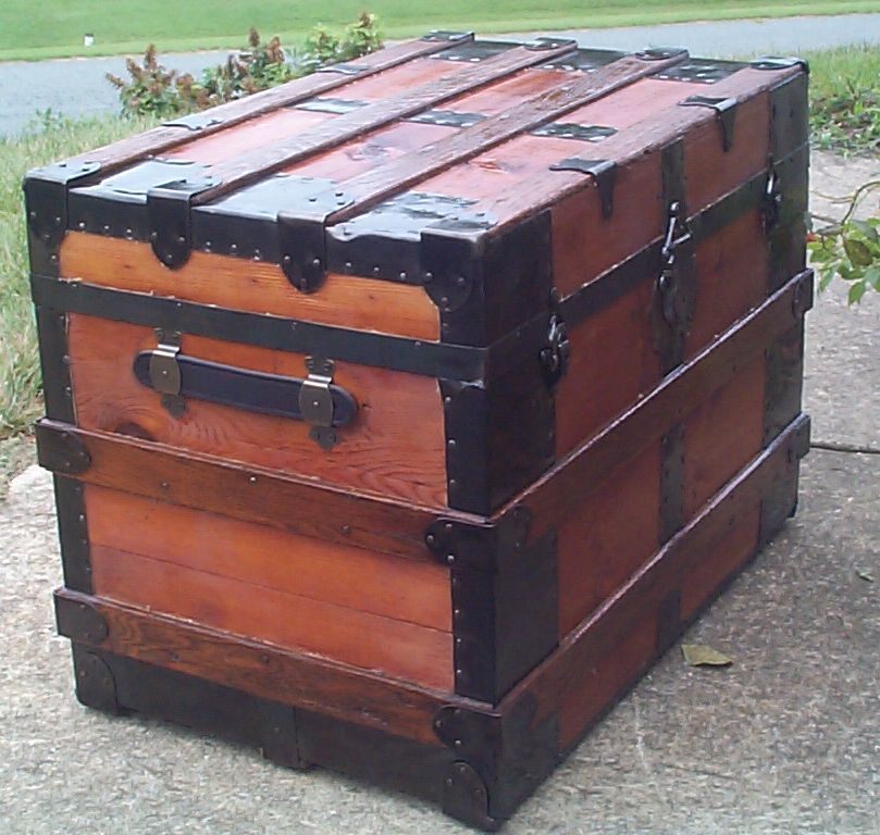 restored wood flat top antique steamer trunk 865