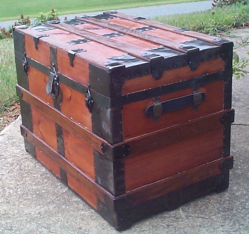 restored wood flat top antique steamer trunk 865