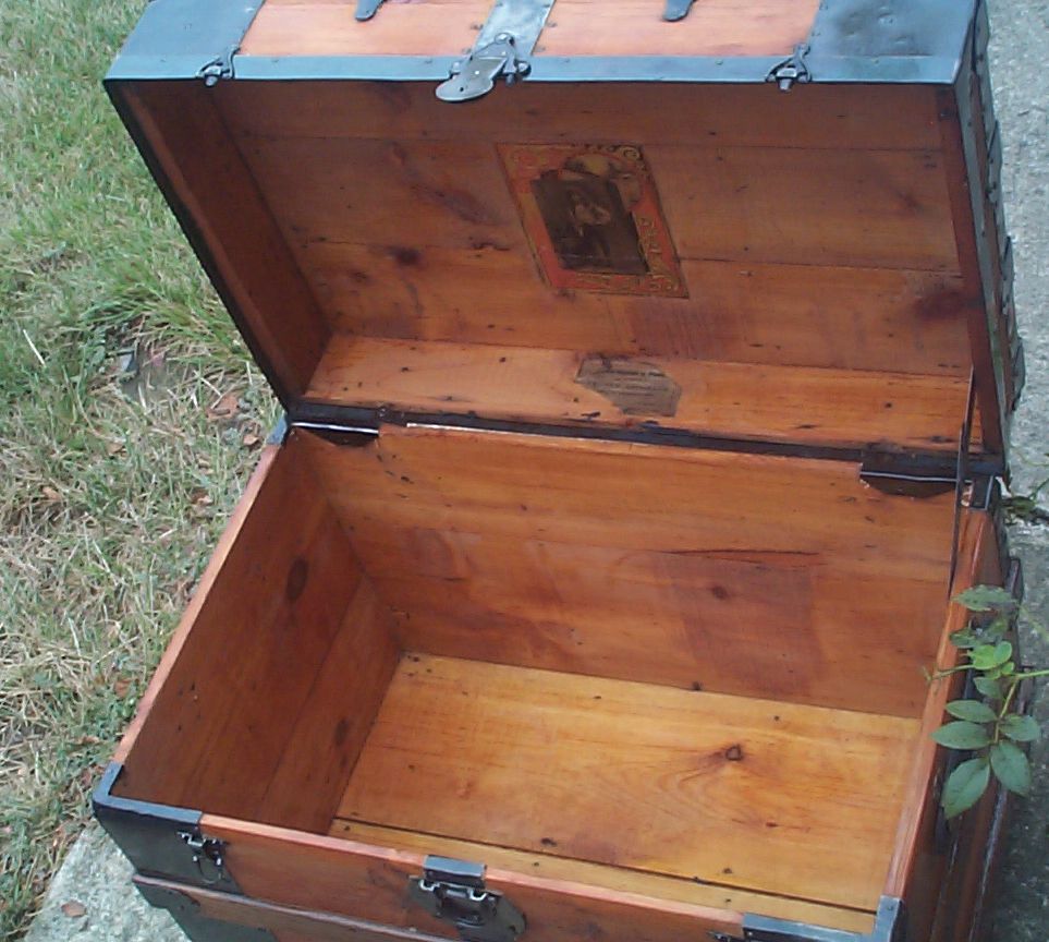 restored wood flat top antique steamer trunk 865