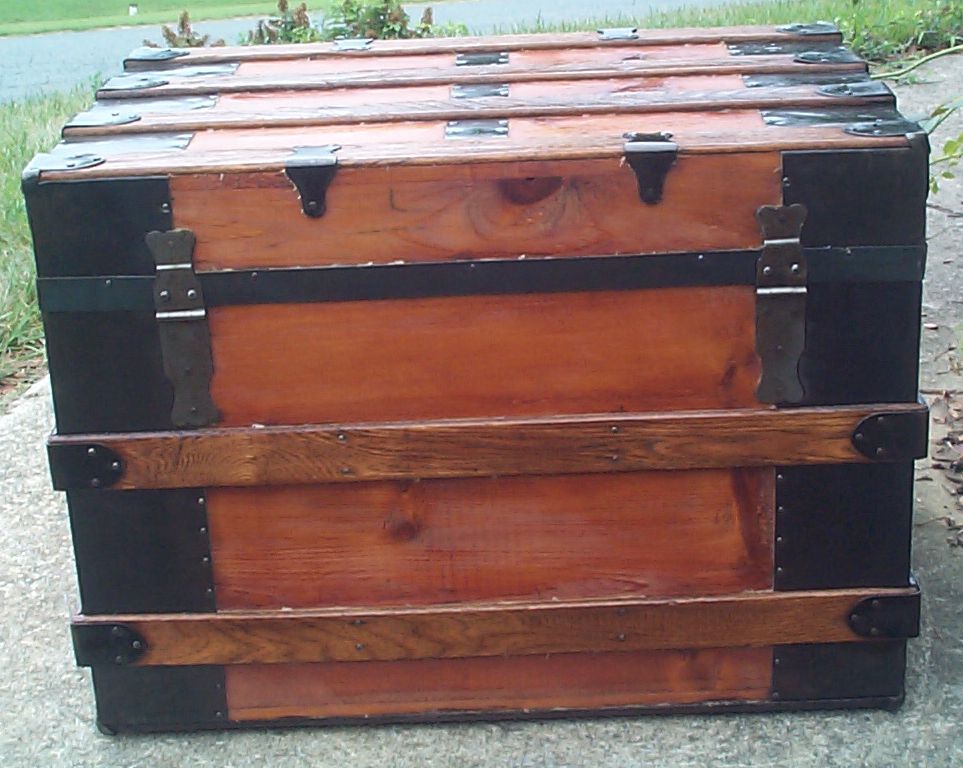 restored wood flat top antique steamer trunk 865
