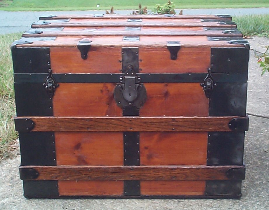 restored all wood flat top antique steamer trunk 865