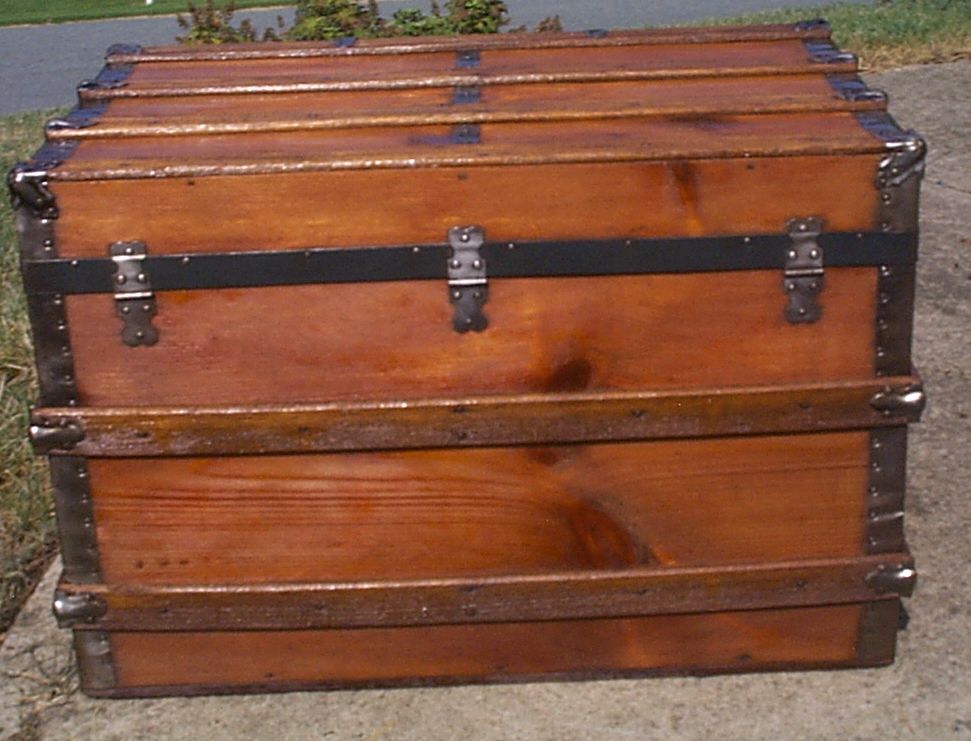 restored wood flat top antique oak slat steamer trunk for sale 885