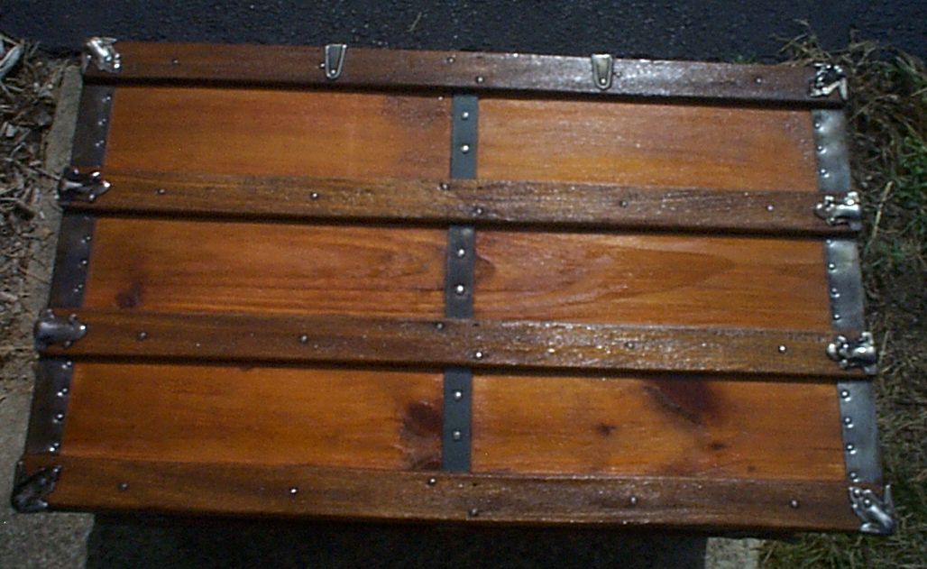 restored wood flat top antique oak slat steamer trunk for sale 885