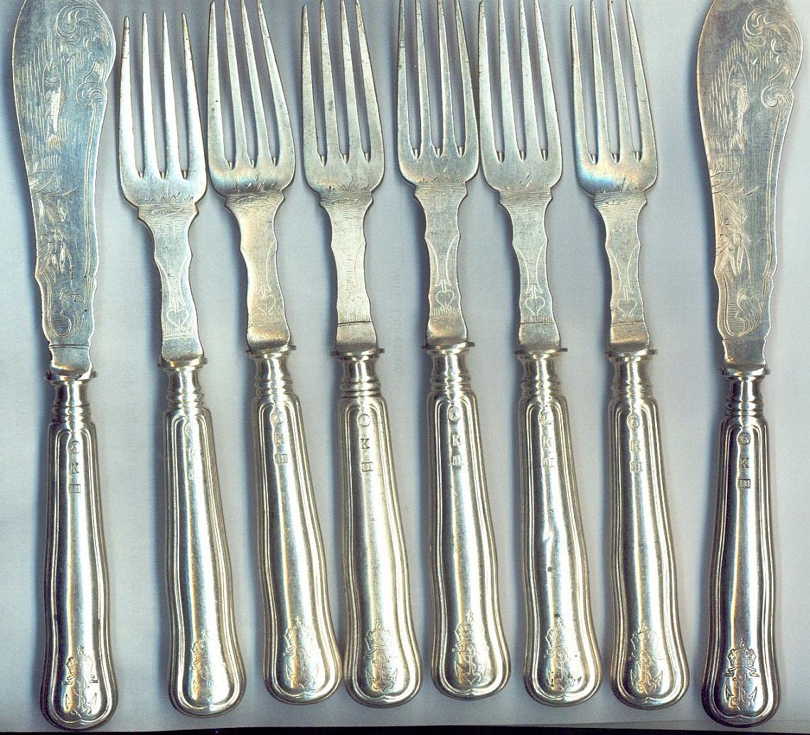 fish forks and knives, austro-hungarian KuK Kriegsmarine navy crown and anchor insiginia