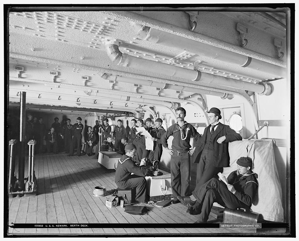 USS Newark ca 1890-1901 enlisted sailors berth deck with Sea Chests