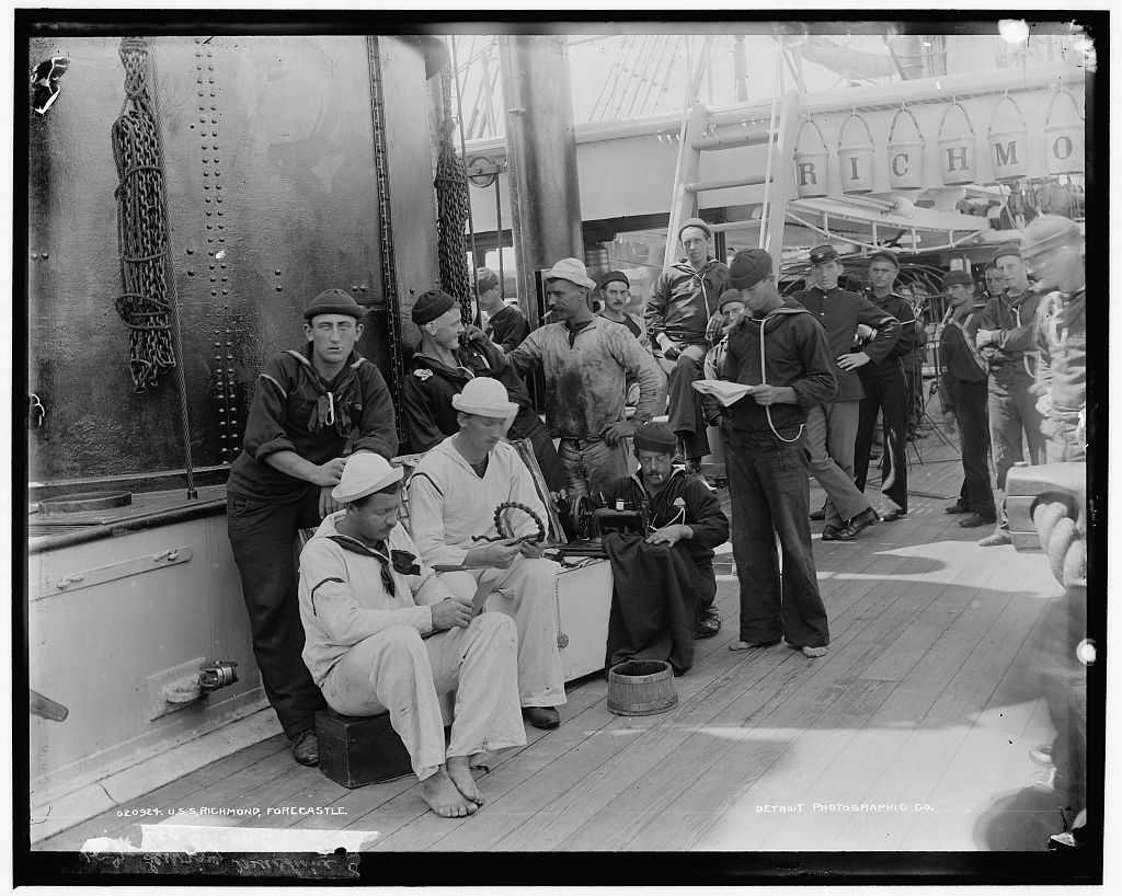 USS Ricmond ca 1890 forecasle sailor making rope becket with Sea Chest