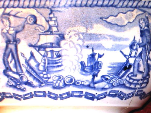 british royal navy mess closeup which appears the two sailors celebrating captured booty with the large ship to the left vanquishing the ship to the right