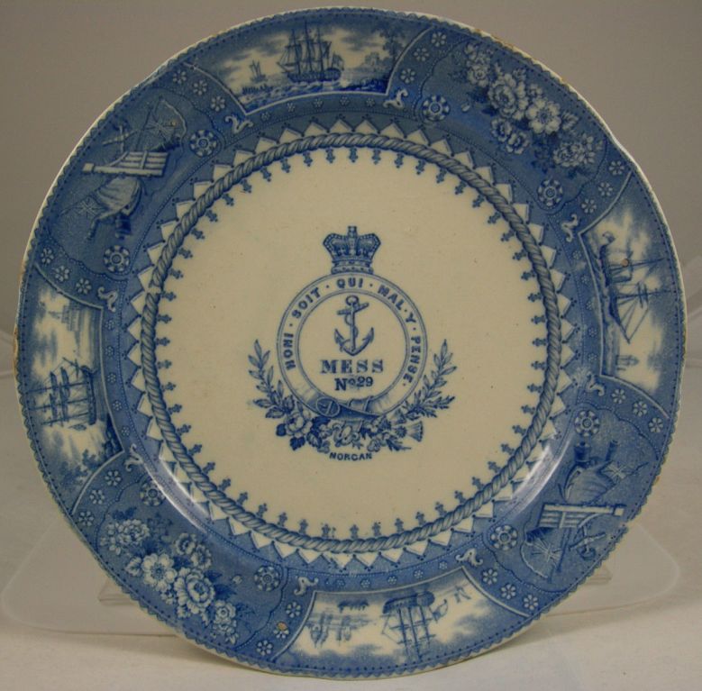 british royal navy plate depicting various naval scenes and crown,anchor,motto center
