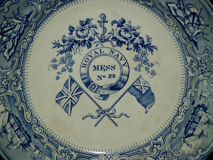 british royal navy mess plate with Roses, Thistle, Clover, Flags and Anchor pattern