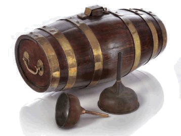 royal navy rum mixing tub or mixing cask and copper funnels
