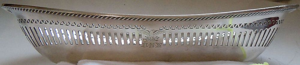 early 1900's to 1940's US Navy Captains Cabin Mess Silverplated Filigree Bread Basket with Eagle Clutching Arrows and USN Monogram topmark insignia