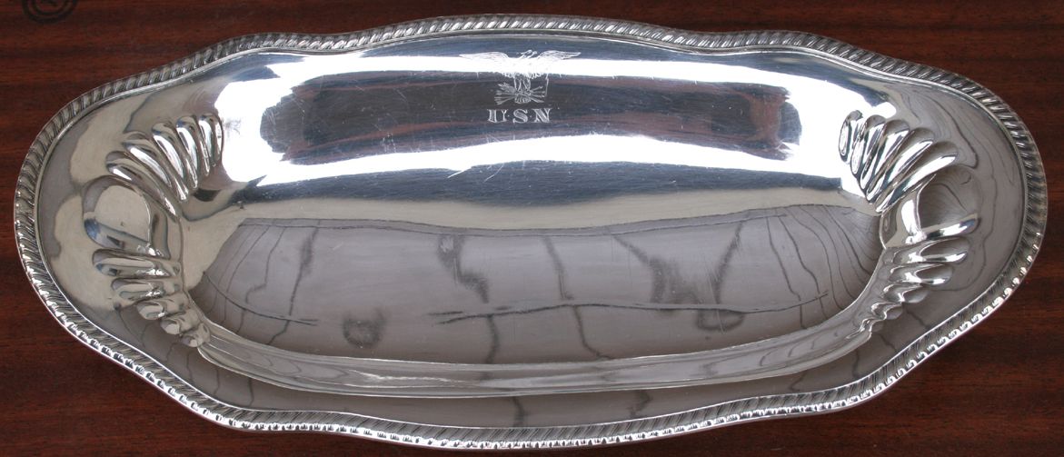 Dated 1917 US Navy Captains Mess Bread Basket Serving Dish with Federal Eagle Clutching Arrows and USN topmark insignia