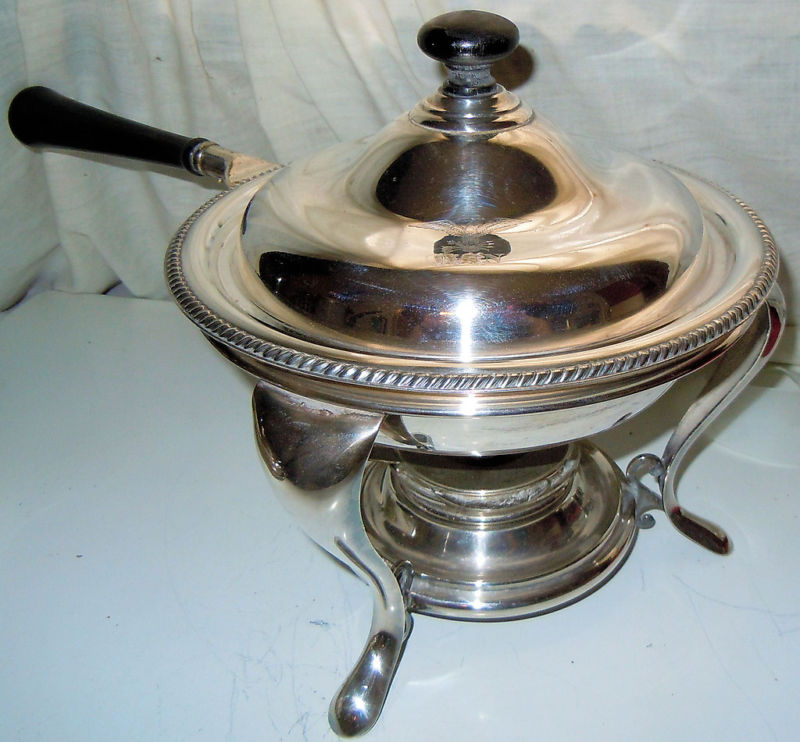 Early 1900s US Navy captains mess chafing dish complete, lid with handle, dish, stand and burner